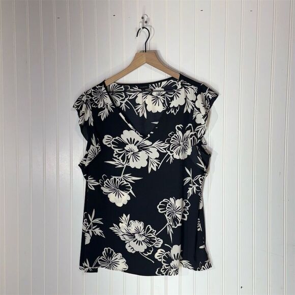 Talbots XL Black White Floral Sheer Blouse Sleeveless Top Workwear Resort Vibes - Picture 1 of 7
